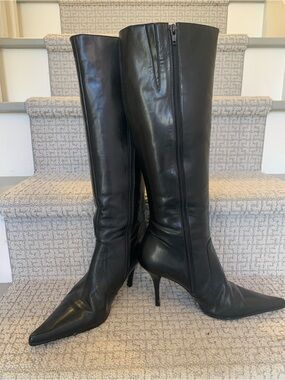 BLACK Elegant Tall LEATHER  Boots HEELS SLIM FITTED